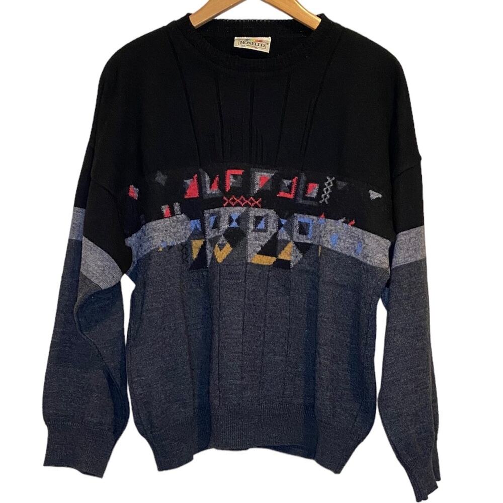 Monello Vintage Abstract-Shades of Gray w/Red Blue & Yellow Design‎ Across Chest